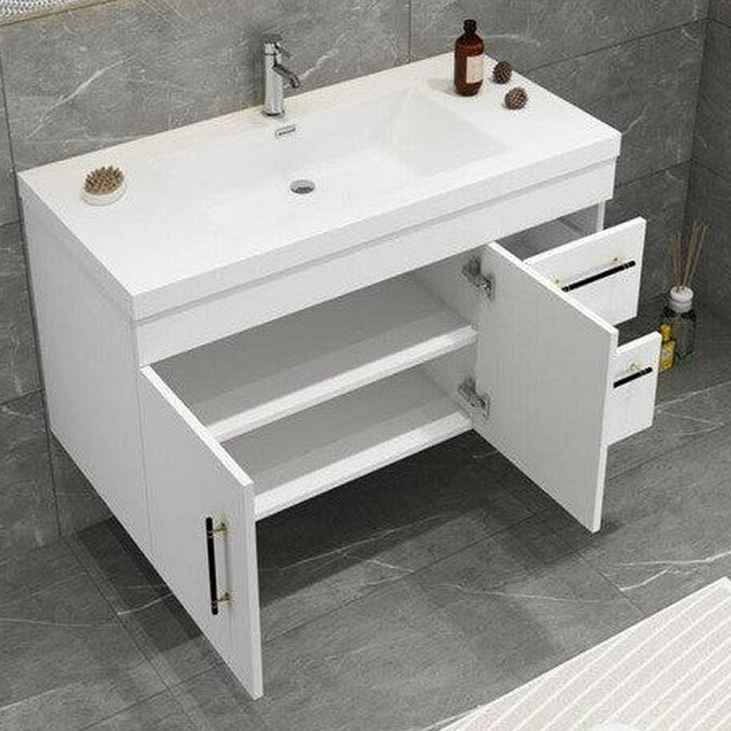 Elara 42&quot; High Gloss White Wall-Mounted Vanity With Right Side Drawers and Single Reinforced White Acrylic Sink