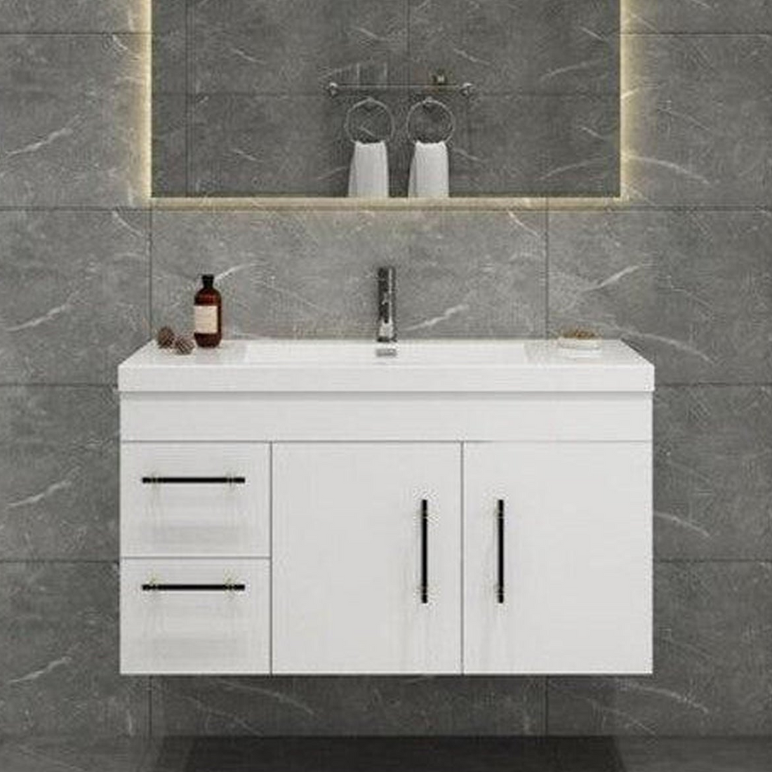 Elara 42&quot; High Gloss White Wall-Mounted Vanity With Left Side Drawers and Single Reinforced White Acrylic Sink