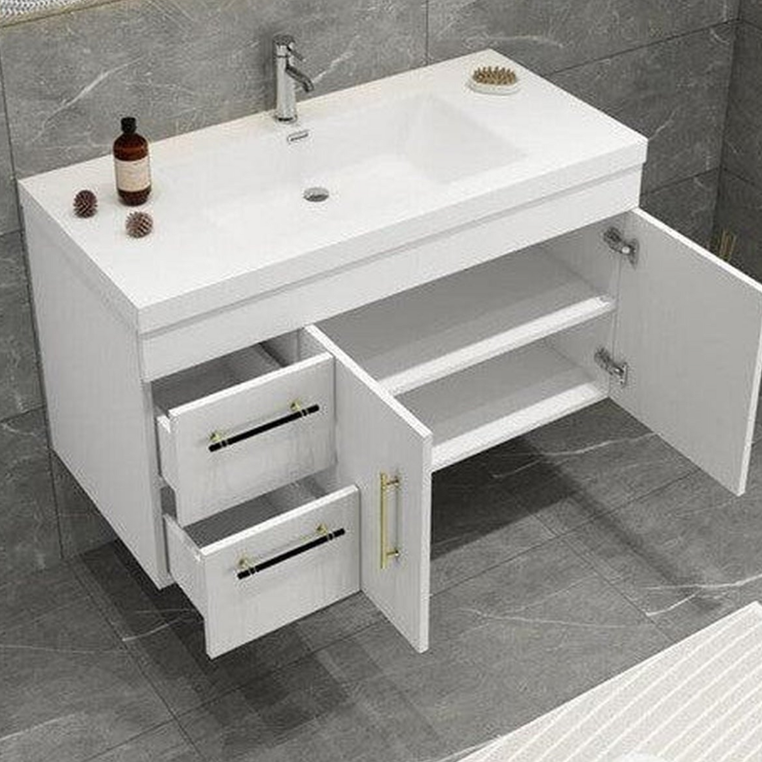 Elara 42&quot; High Gloss White Wall-Mounted Vanity With Left Side Drawers and Single Reinforced White Acrylic Sink