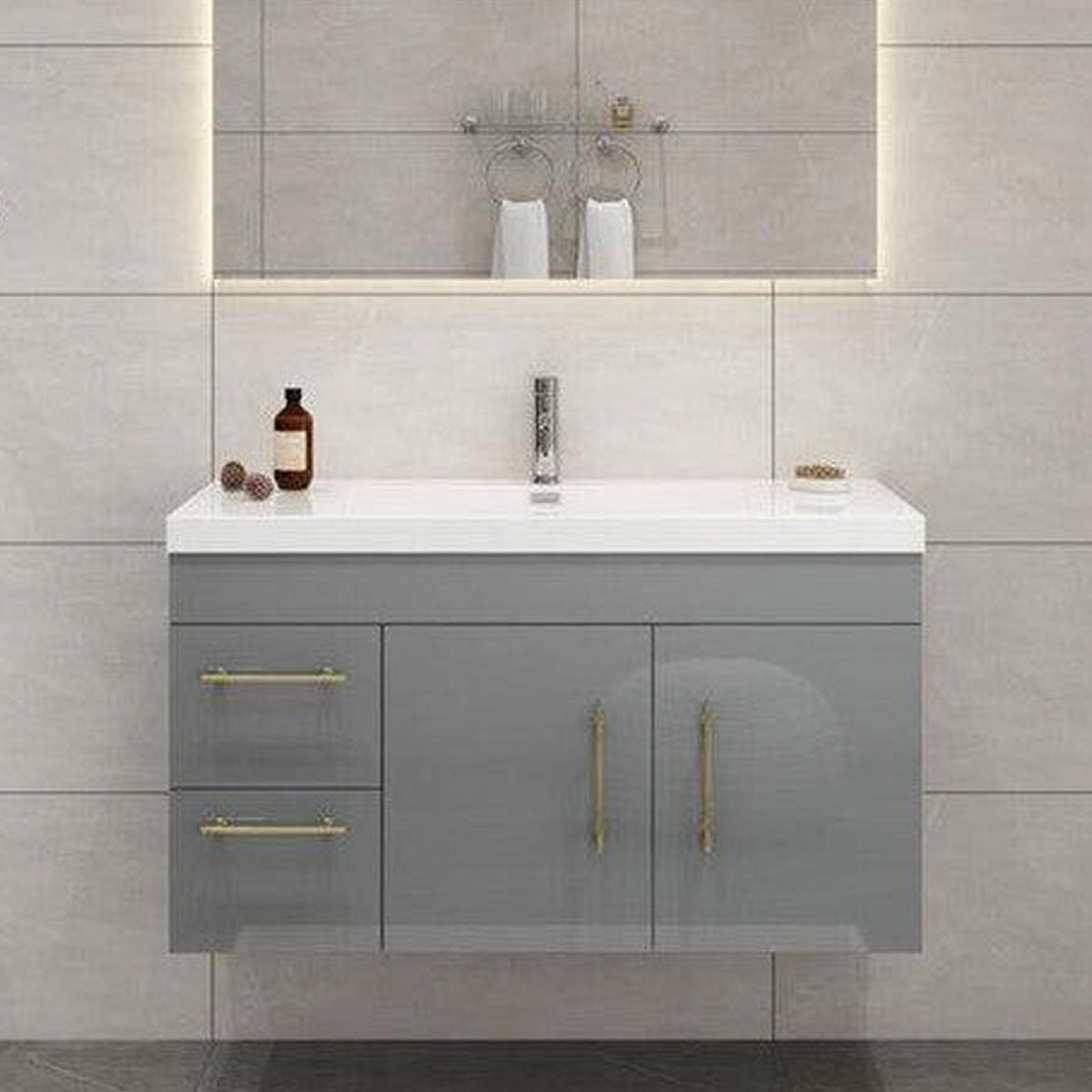 Elara 42&quot; High Gloss Gray Wall-Mounted Vanity With Left Side Drawers and Single Reinforced White Acrylic Sink