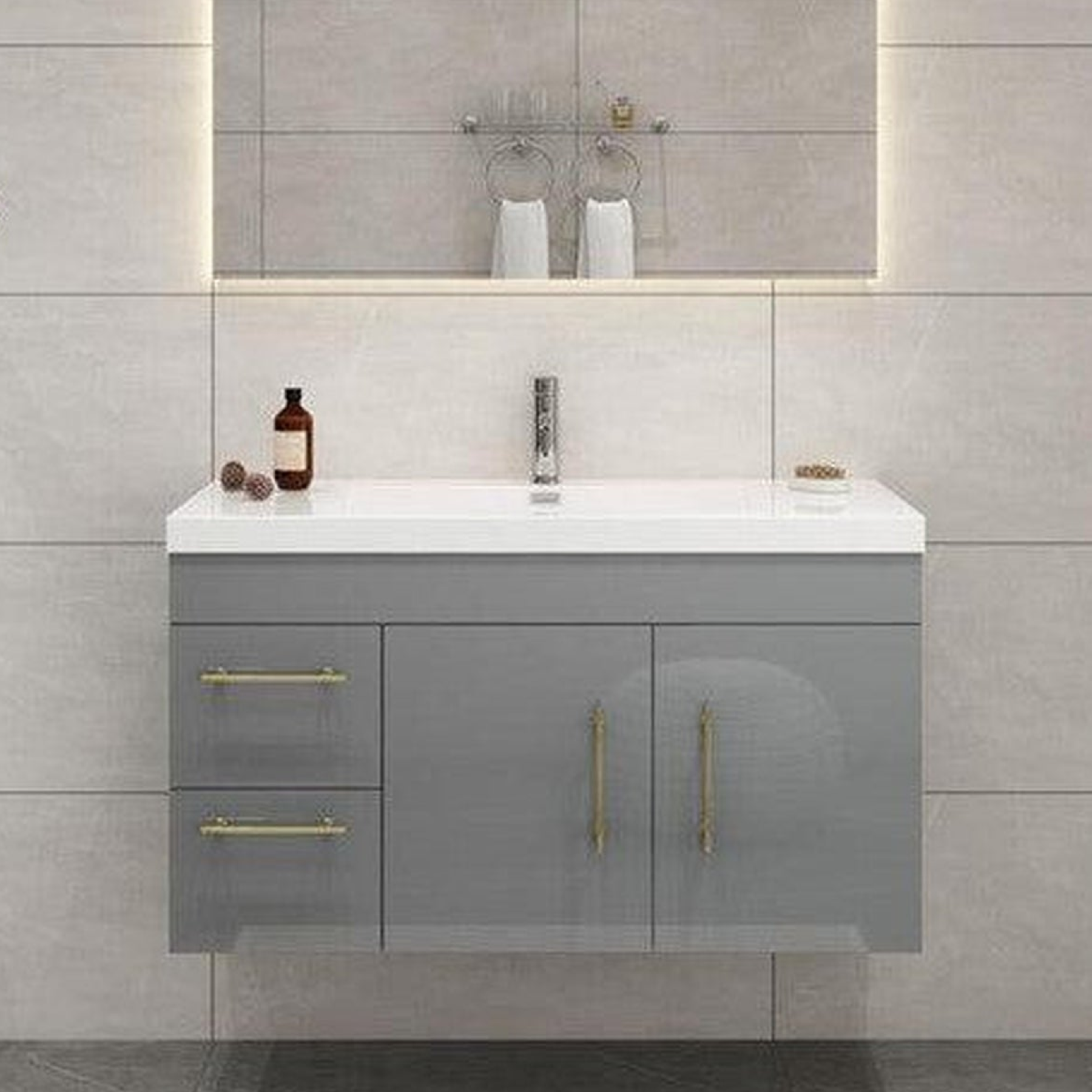 Elara 42&quot; High Gloss Gray Wall-Mounted Vanity With Left Side Drawers and Single Reinforced White Acrylic Sink