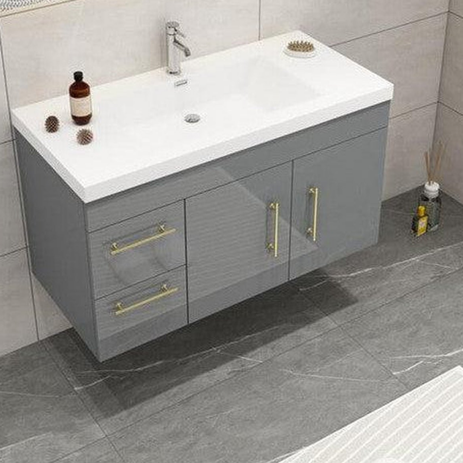 Elara 42&quot; High Gloss Gray Wall-Mounted Vanity With Left Side Drawers and Single Reinforced White Acrylic Sink