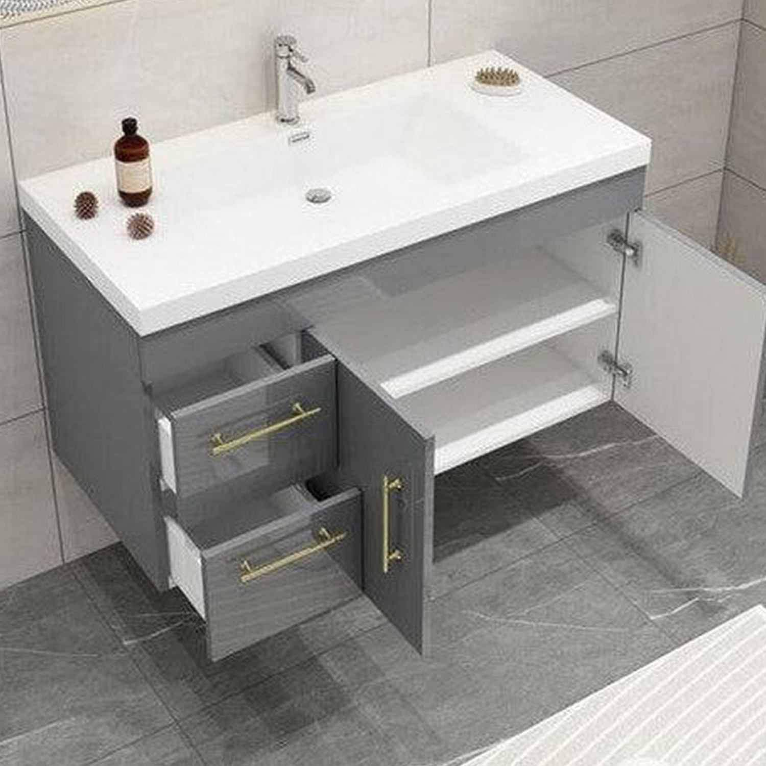Elara 42&quot; High Gloss Gray Wall-Mounted Vanity With Left Side Drawers and Single Reinforced White Acrylic Sink