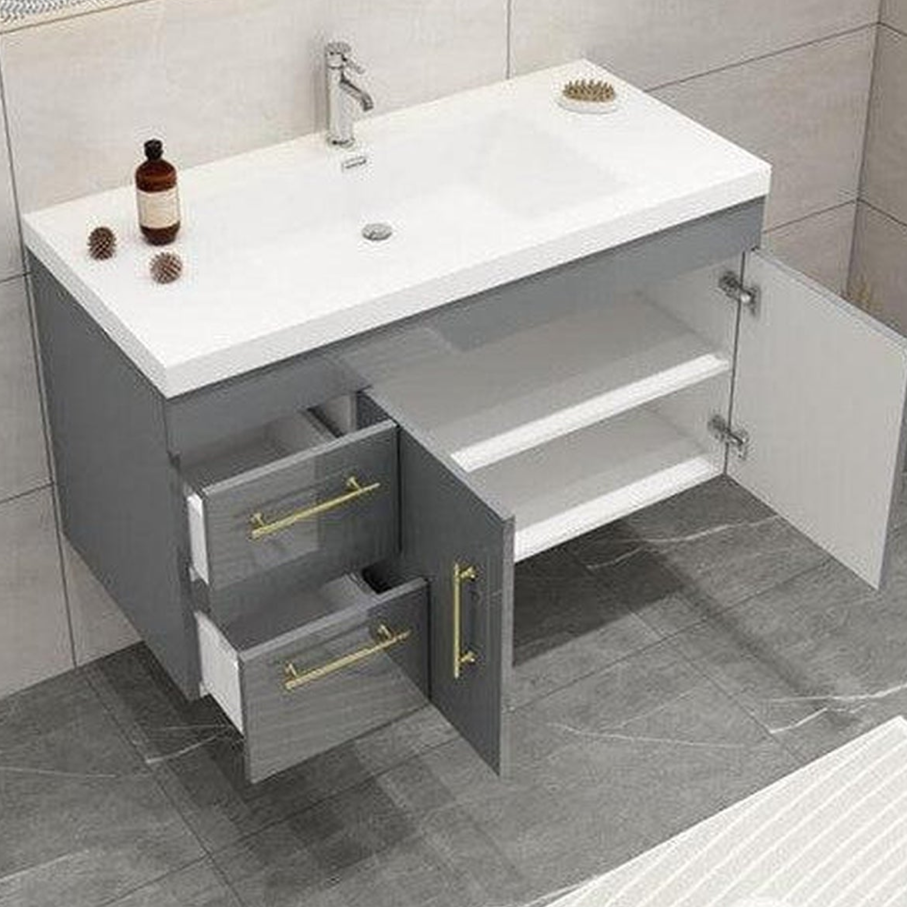 Elara 42&quot; High Gloss Gray Wall-Mounted Vanity With Left Side Drawers and Single Reinforced White Acrylic Sink