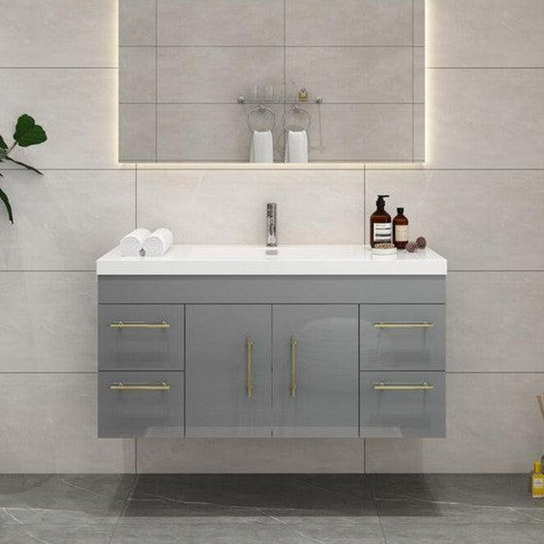 Elara 48&quot; High Gloss Gray Wall-Mounted Vanity With Single Reinforced White Acrylic Sink