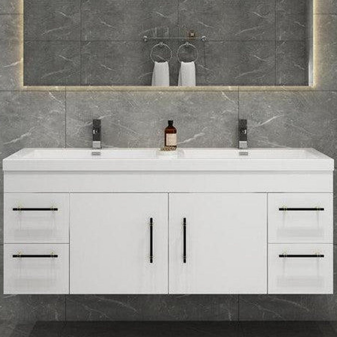 Elara 60&quot; High Gloss White Wall-Mounted Vanity With Double Reinforced White Acrylic Sinks