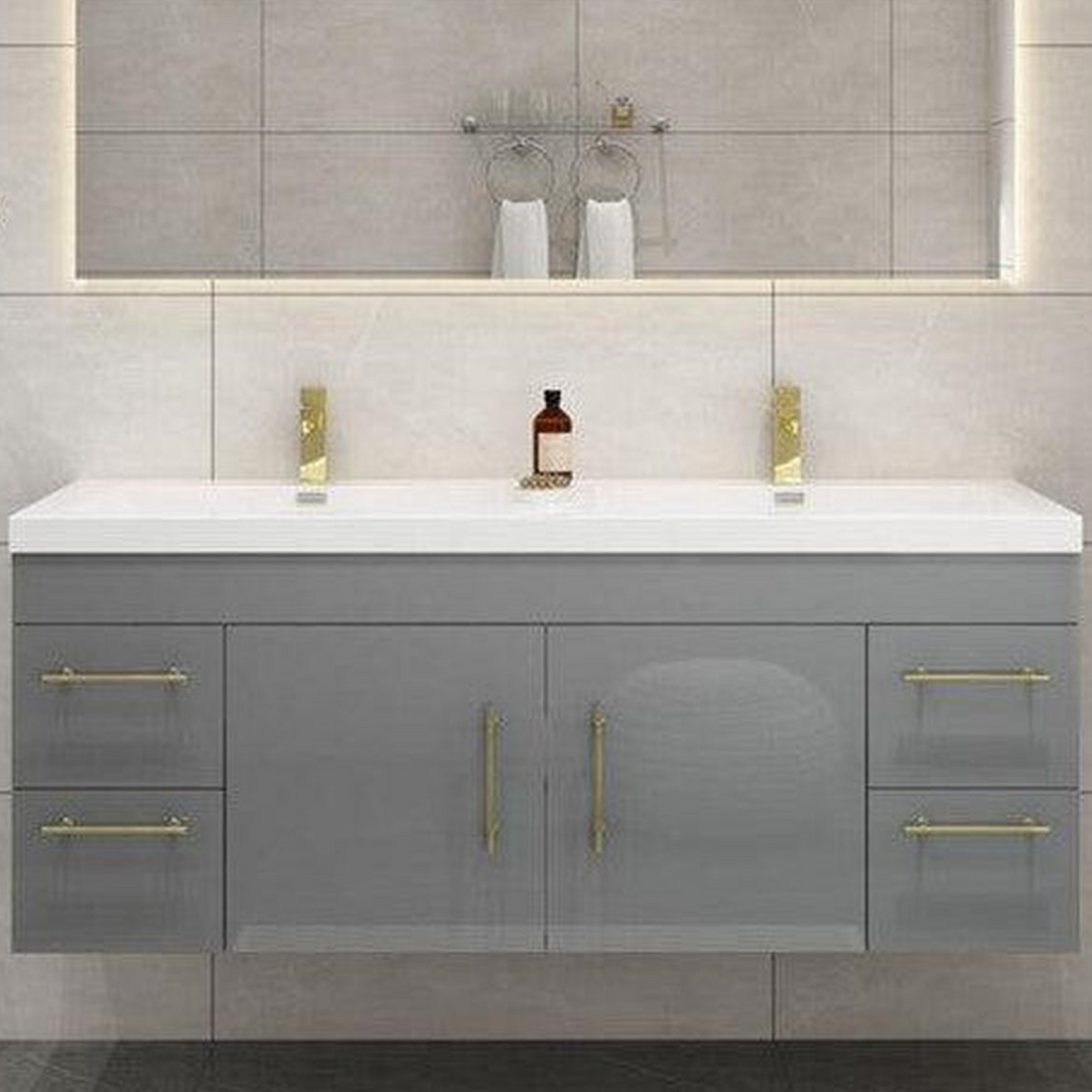 Elara 60&quot; High Gloss Gray Wall-Mounted Vanity With Double Reinforced White Acrylic Sinks