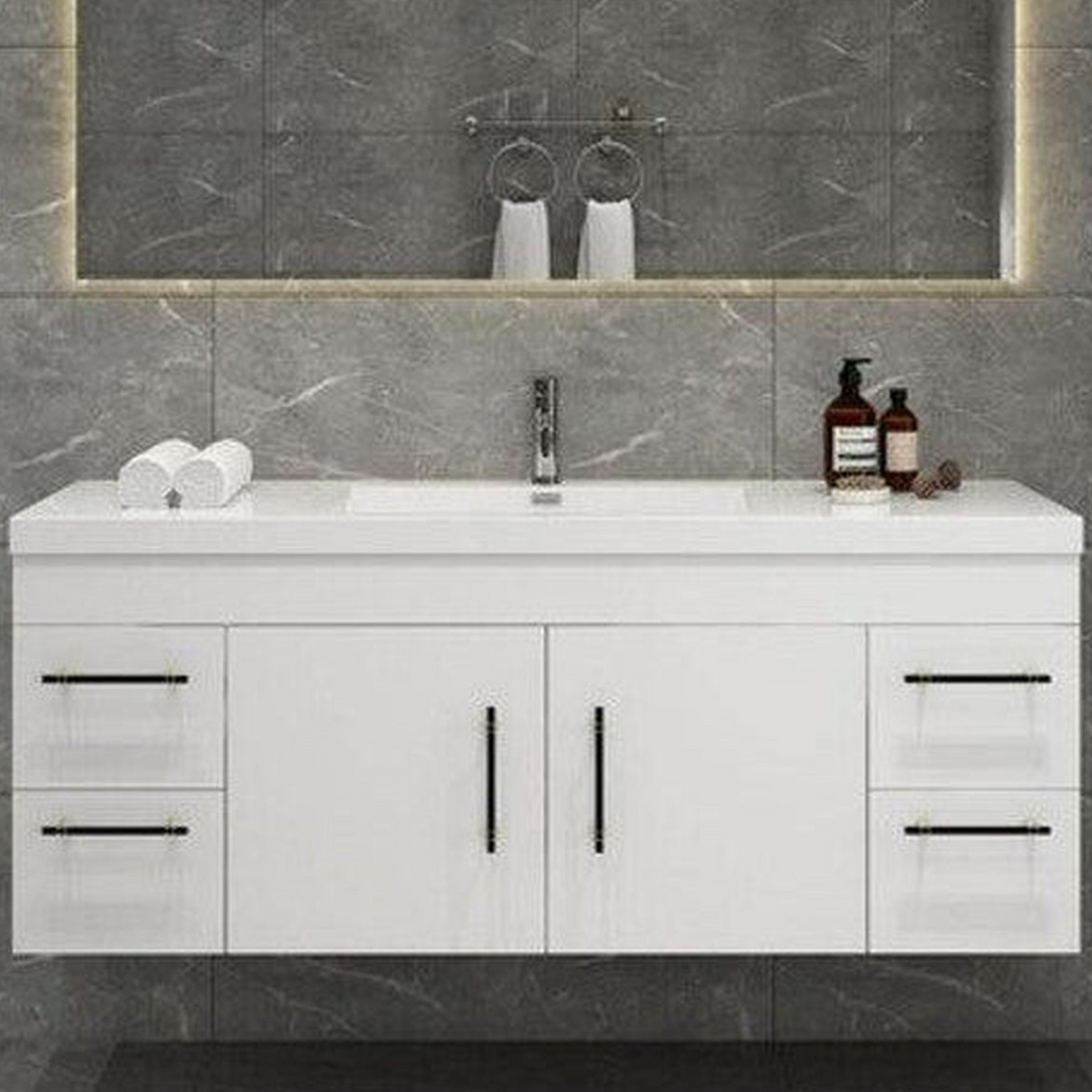 Elara 60&quot; High Gloss White Wall-Mounted Vanity With Single Reinforced White Acrylic Sink