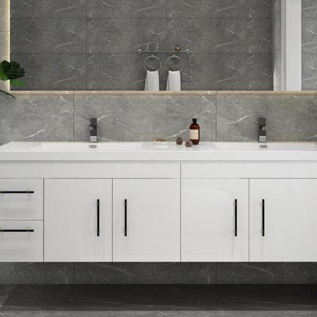Elara 72&quot; High Gloss White Wall-Mounted Vanity With Double Reinforced White Acrylic Sinks