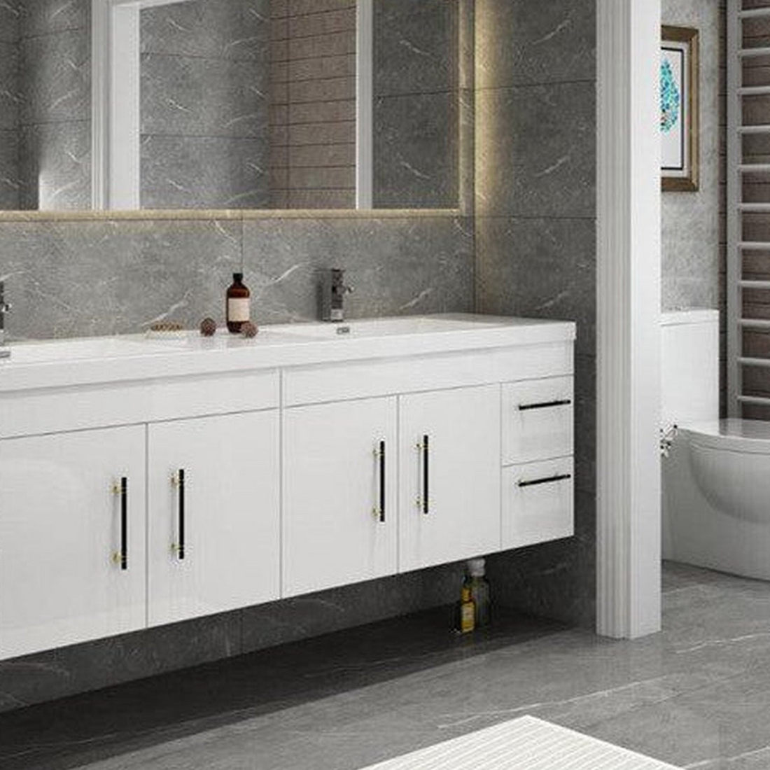 Elara 72&quot; High Gloss White Wall-Mounted Vanity With Double Reinforced White Acrylic Sinks