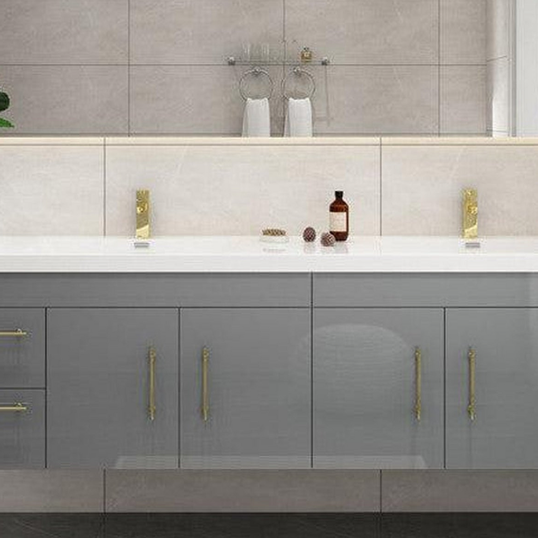 Elara 72&quot; High Gloss Gray Wall-Mounted Vanity With Double Reinforced White Acrylic Sinks