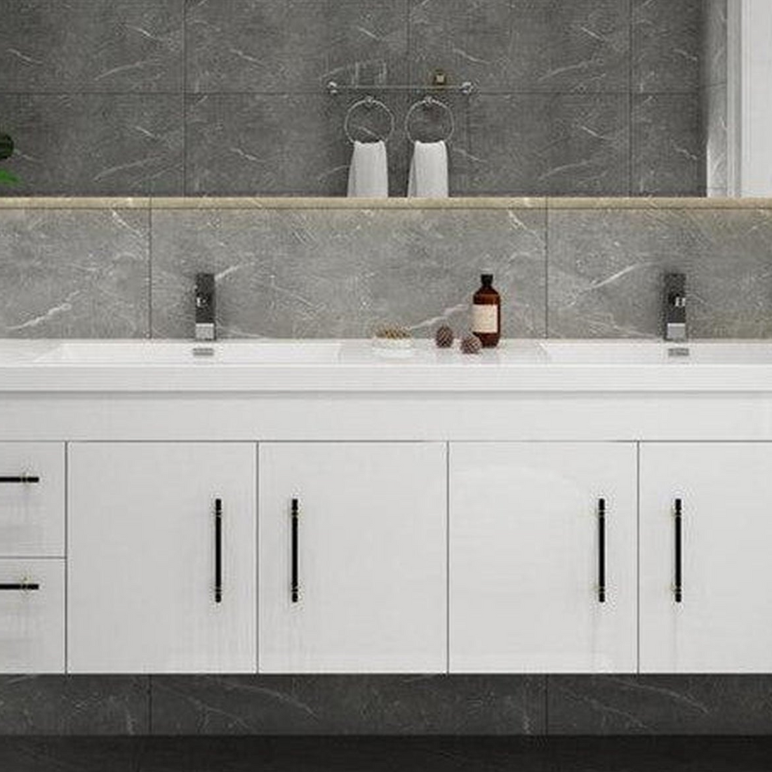 Elara 84&quot; High Gloss White Wall-Mounted Vanity With Double Reinforced White Acrylic Sinks