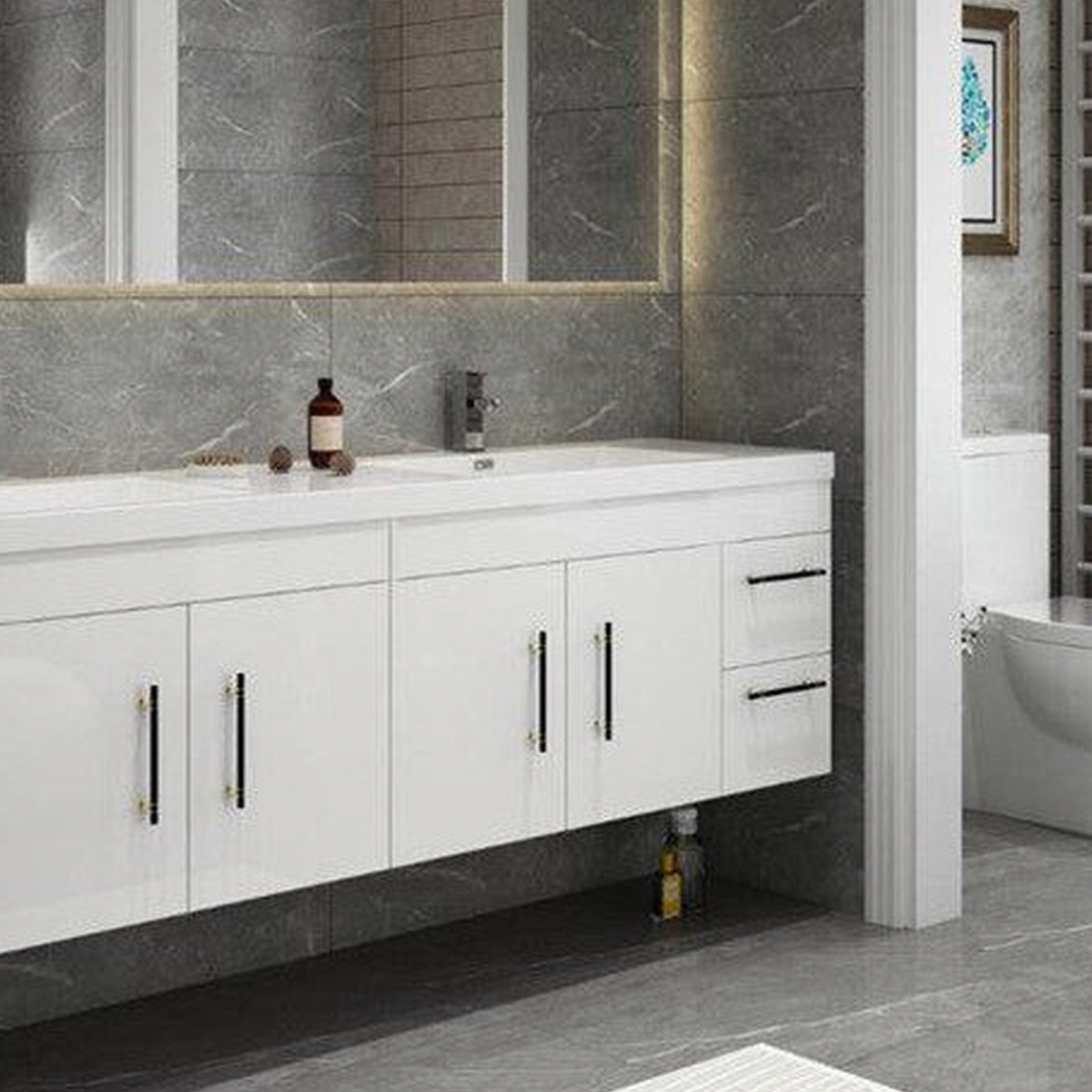 Elara 84&quot; High Gloss White Wall-Mounted Vanity With Double Reinforced White Acrylic Sinks