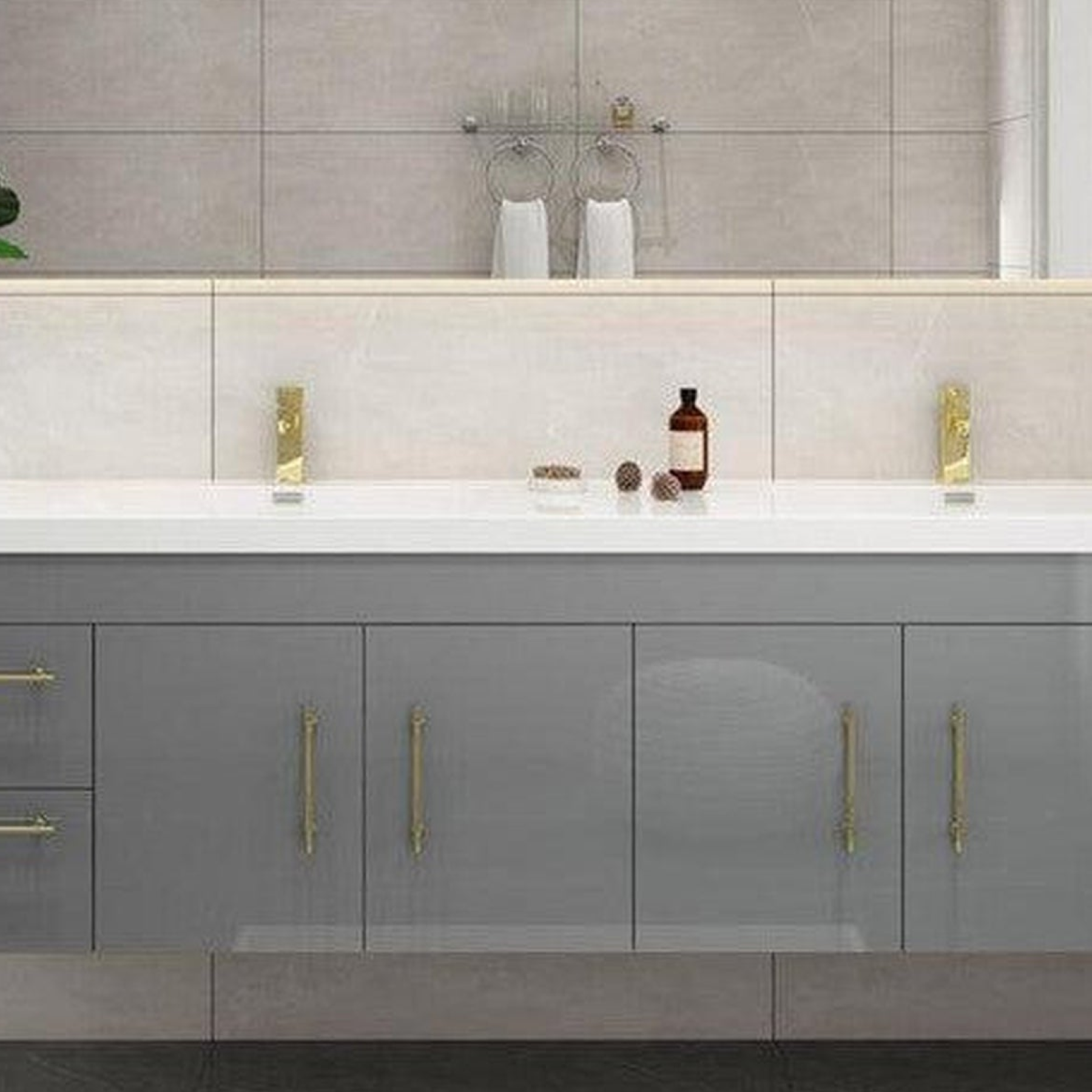 Elara 84&quot; High Gloss Gray Wall-Mounted Vanity With Double Reinforced White Acrylic Sinks