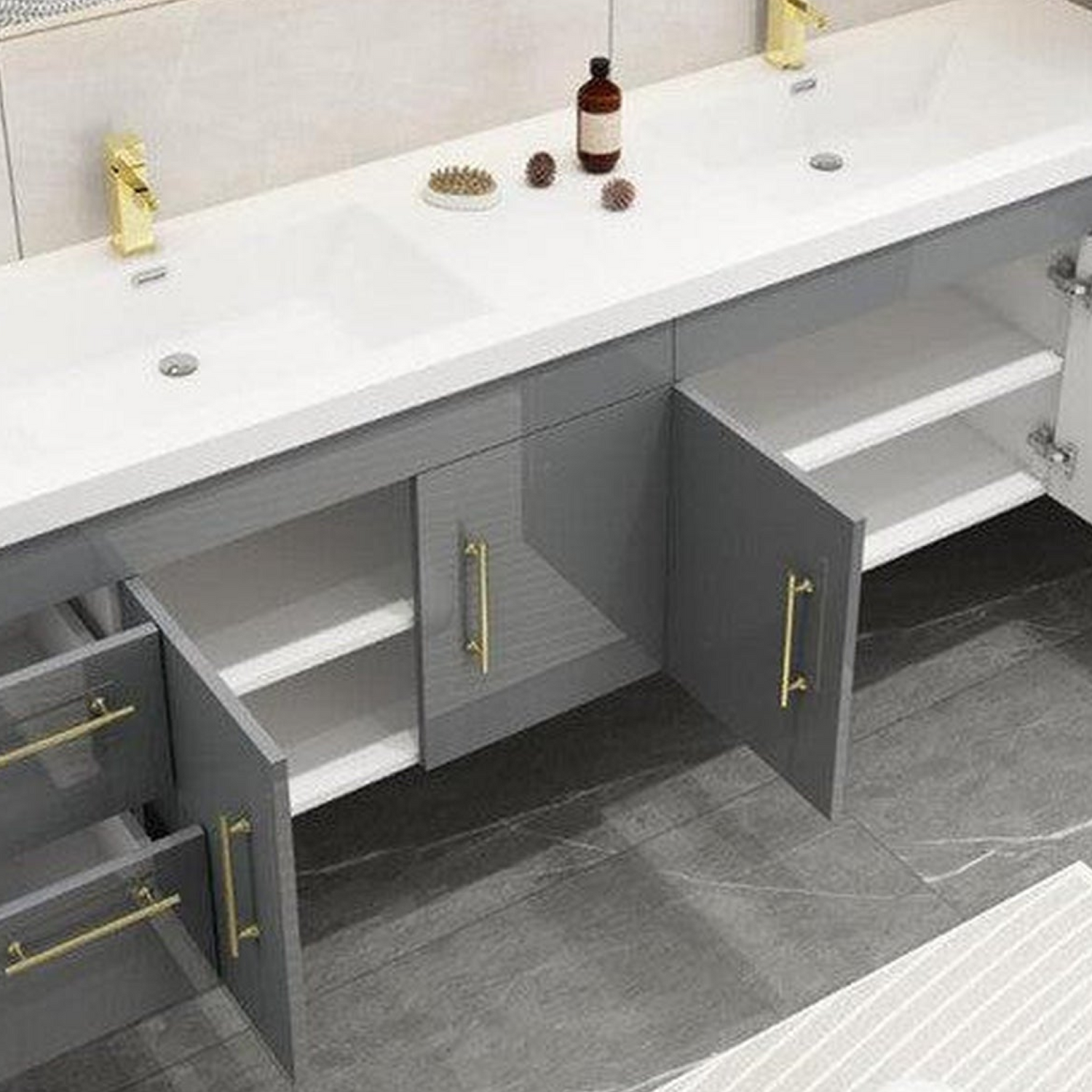 Elara 84&quot; High Gloss Gray Wall-Mounted Vanity With Double Reinforced White Acrylic Sinks