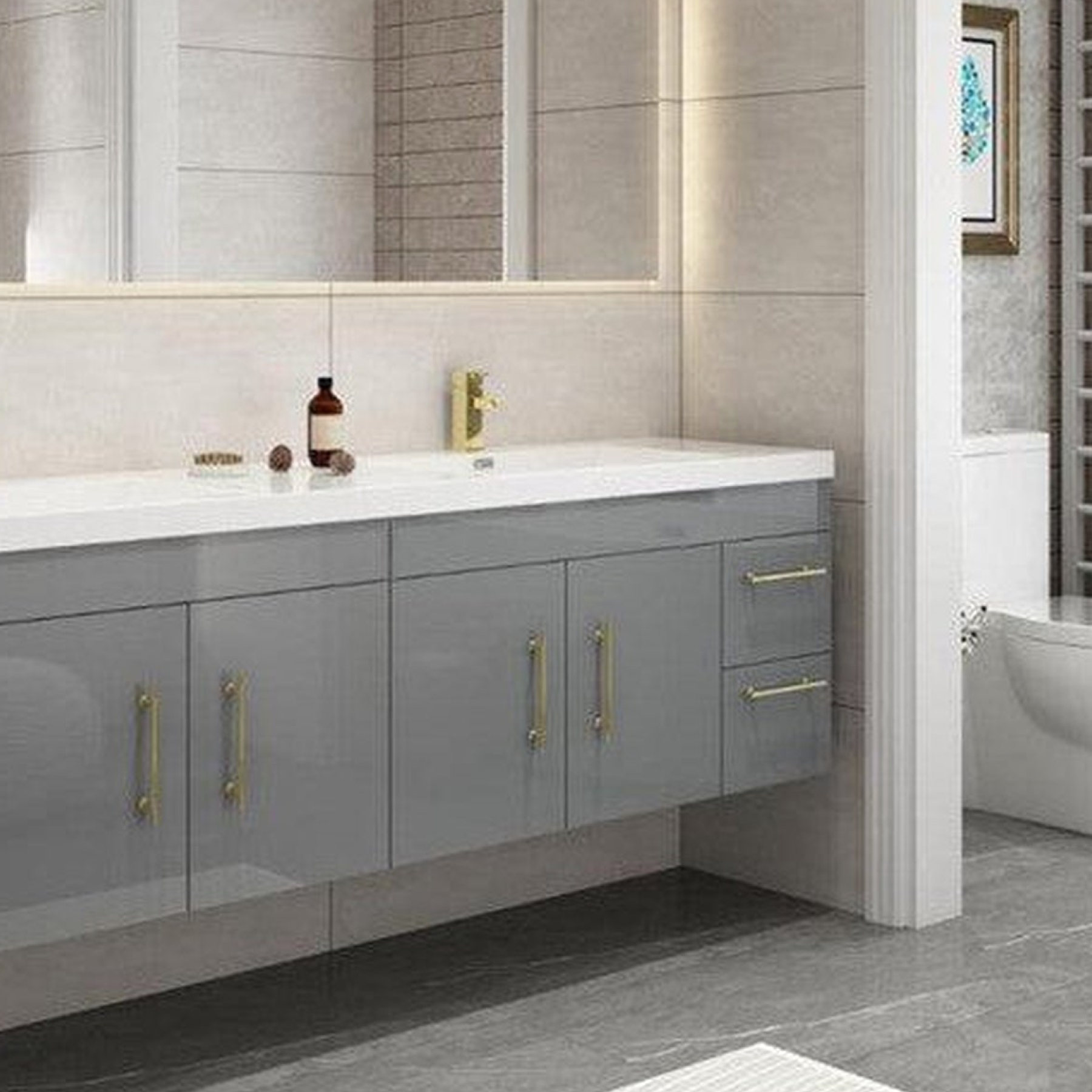 Elara 84&quot; High Gloss Gray Wall-Mounted Vanity With Double Reinforced White Acrylic Sinks
