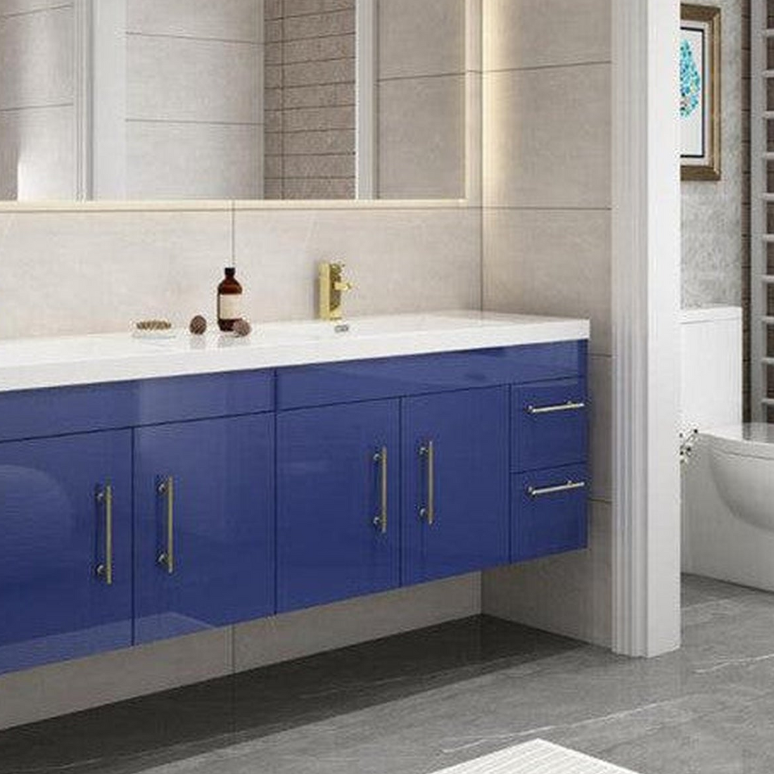 Elara 84&quot; High Gloss Night Blue Wall-Mounted Vanity With Double Reinforced White Acrylic Sinks