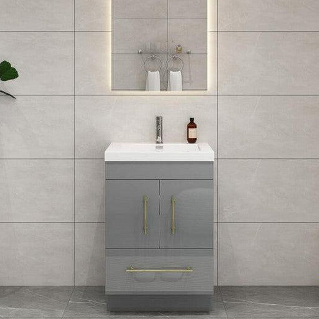 Elara 24&quot; High Gloss Gray Freestanding Vanity With Single Reinforced White Acrylic Sink