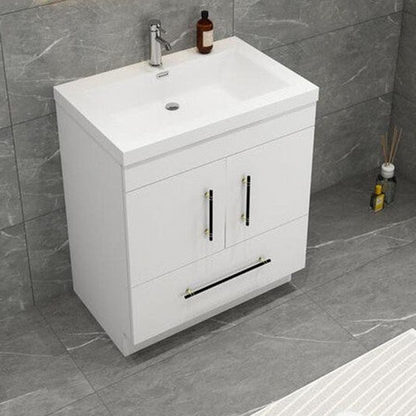 Elara 30&quot; High Gloss White Freestanding Vanity With Single Reinforced White Acrylic Sink