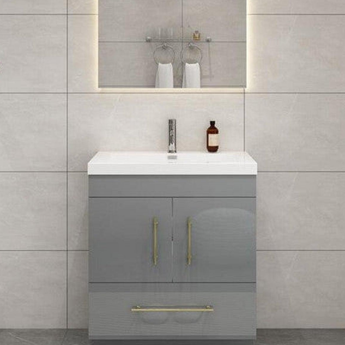Elara 30&quot; High Gloss Gray Freestanding Vanity With Single Reinforced White Acrylic Sink