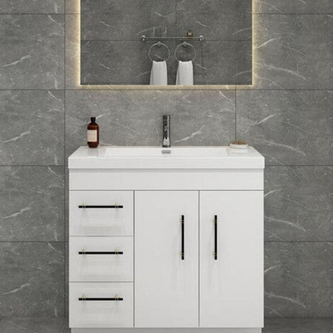 Elara 36&quot; High Gloss White Freestanding Vanity With Left Side Drawers and Single Reinforced White Acrylic Sink