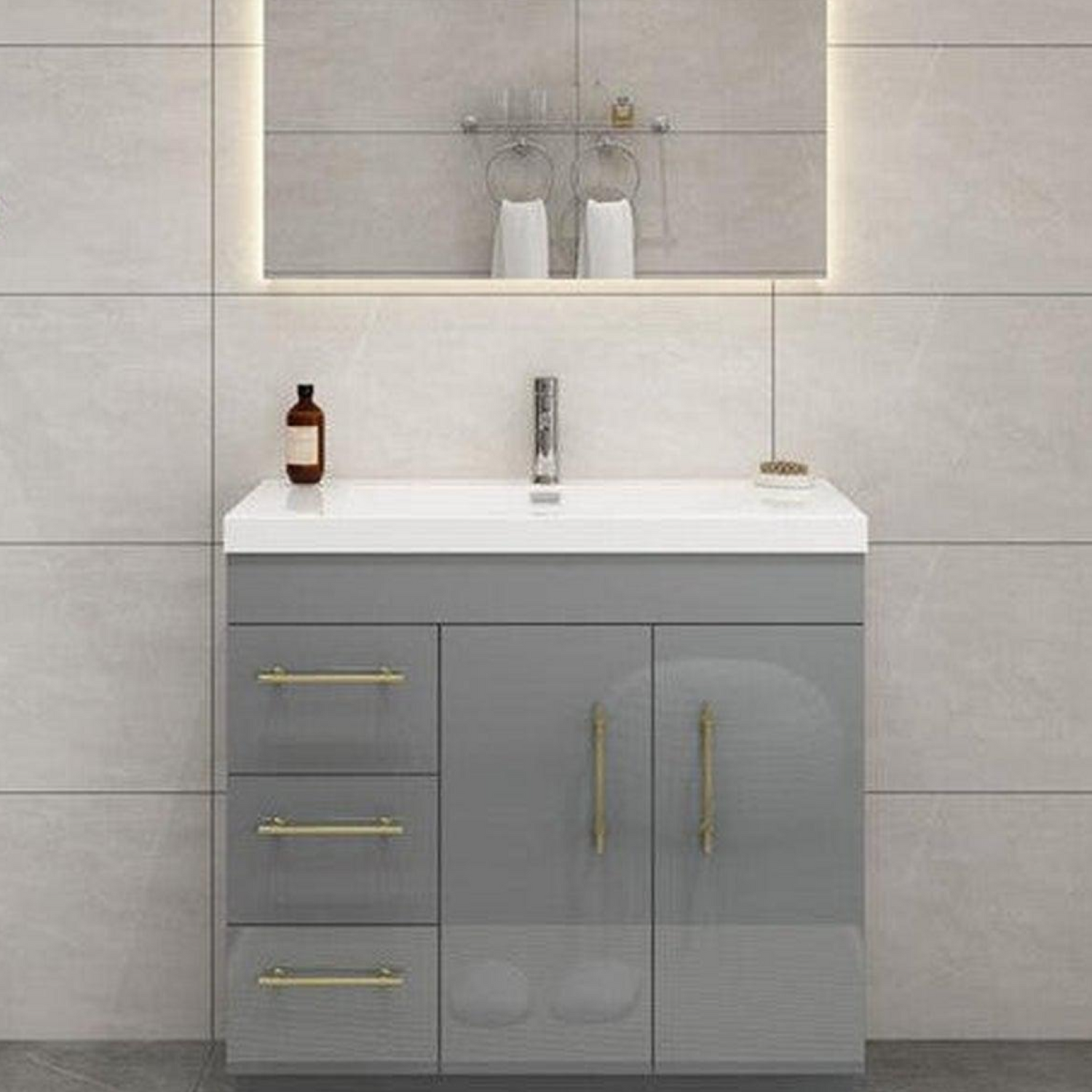 Elara 36&quot; High Gloss Gray Freestanding Vanity With Left Side Drawers and Single Reinforced White Acrylic Sink