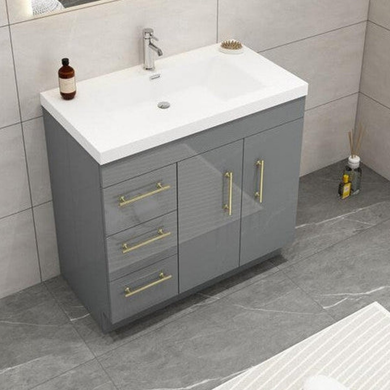 Elara 36&quot; High Gloss Gray Freestanding Vanity With Left Side Drawers and Single Reinforced White Acrylic Sink