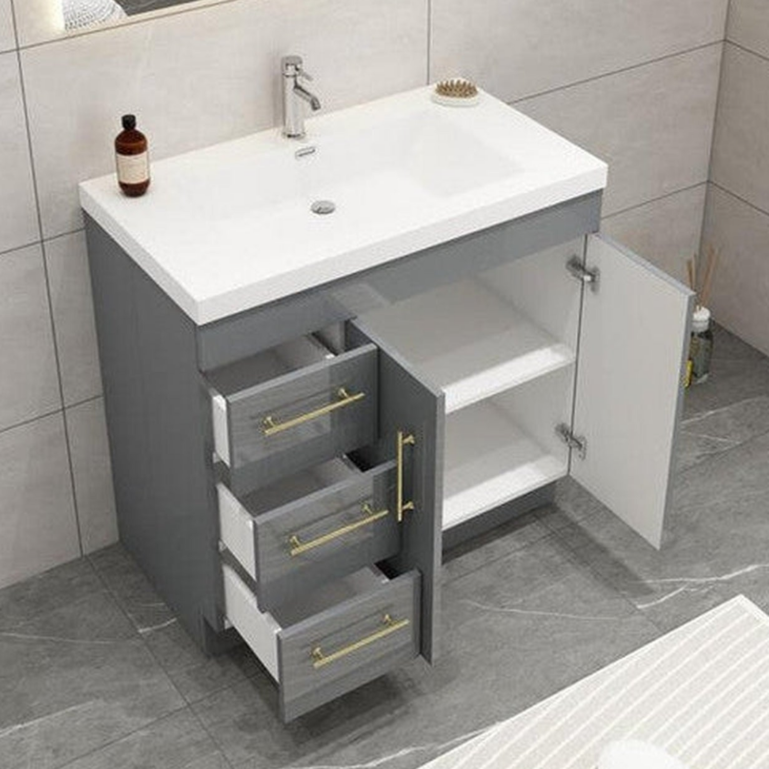 Elara 36&quot; High Gloss Gray Freestanding Vanity With Left Side Drawers and Single Reinforced White Acrylic Sink