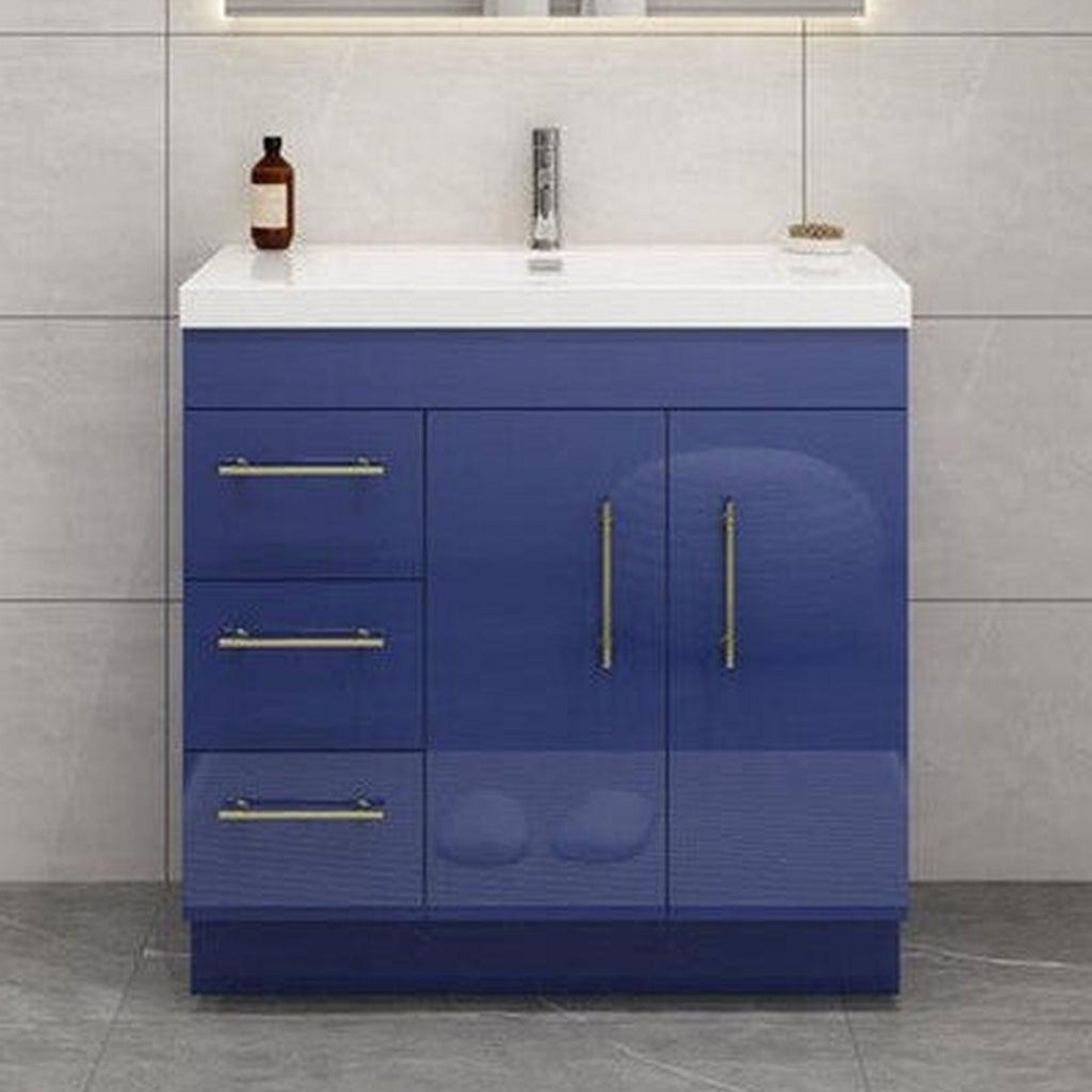 Elara 36&quot; High Gloss Night Blue Freestanding Vanity With Left Side Drawers and Single Reinforced White Acrylic Sink