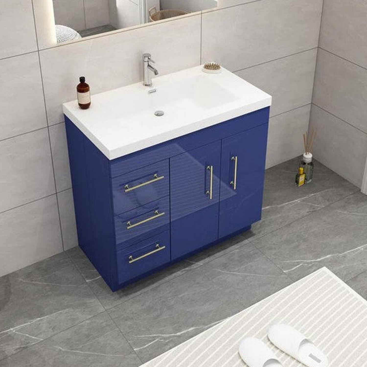 Elara 36&quot; High Gloss Night Blue Freestanding Vanity With Left Side Drawers and Single Reinforced White Acrylic Sink