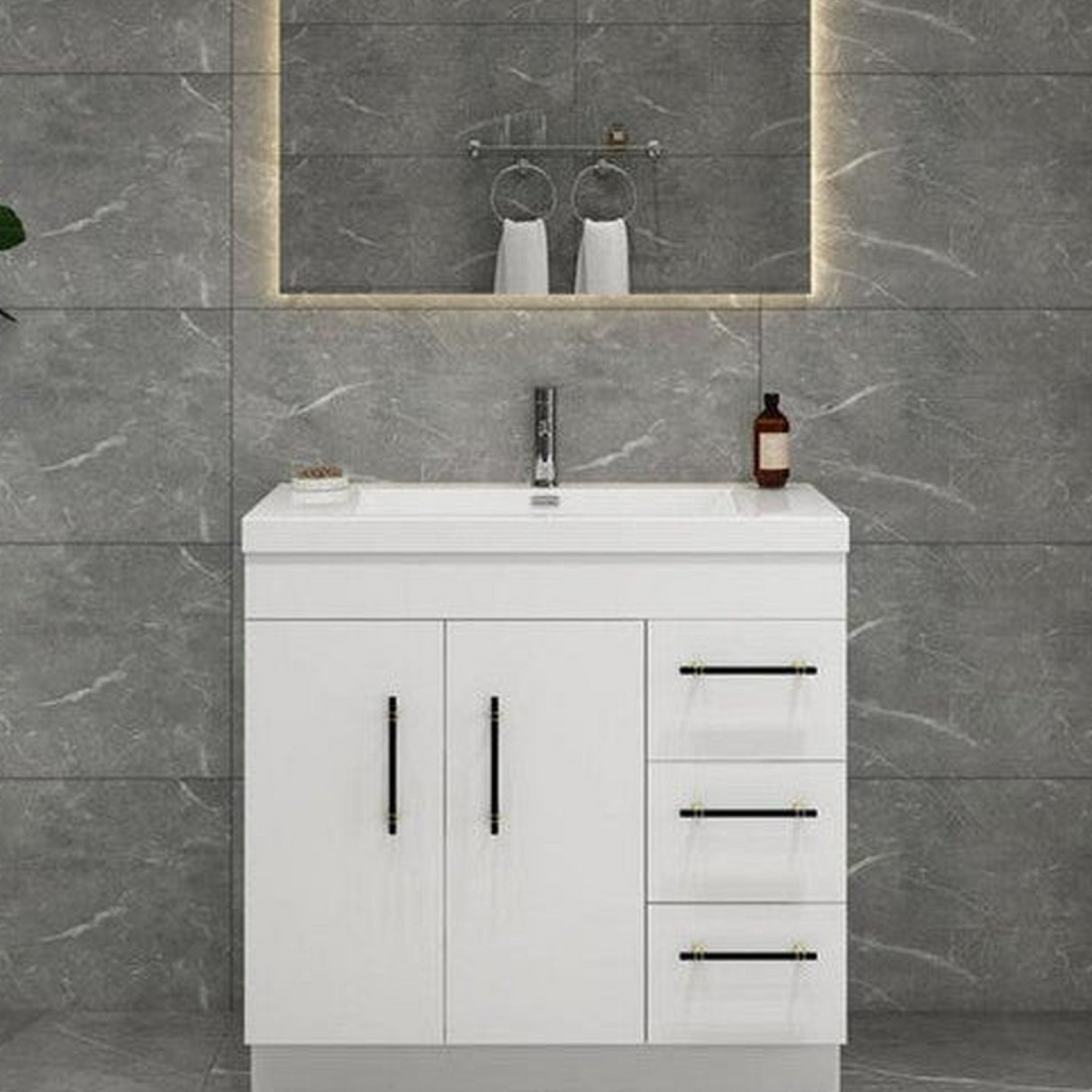 Elara 36&quot; High Gloss White Freestanding Vanity With Right Side Drawers and Single Reinforced White Acrylic Sink