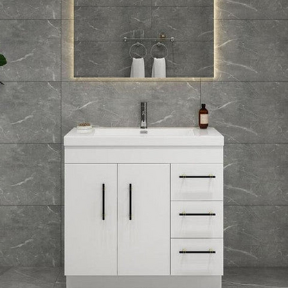 Elara 36&quot; High Gloss White Freestanding Vanity With Right Side Drawers and Single Reinforced White Acrylic Sink