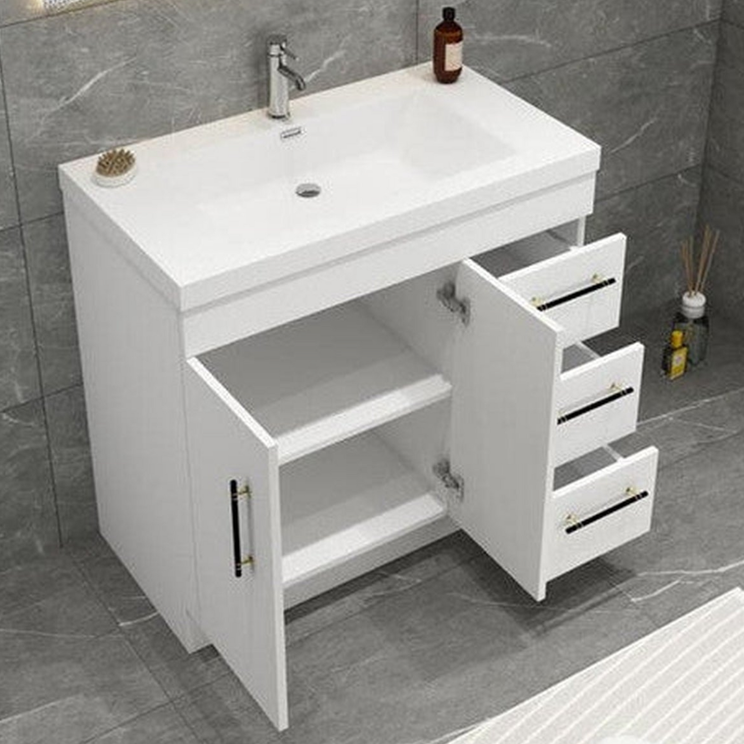 Elara 36&quot; High Gloss White Freestanding Vanity With Right Side Drawers and Single Reinforced White Acrylic Sink