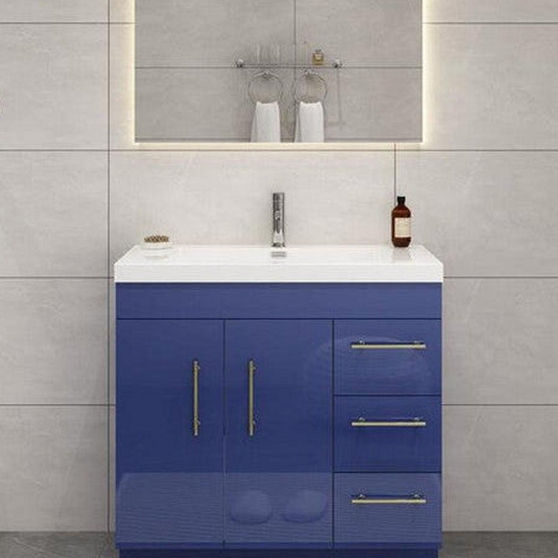 Elara 36&quot; High Gloss Night Blue Freestanding Vanity With Right Side Drawers and Single Reinforced White Acrylic Sink