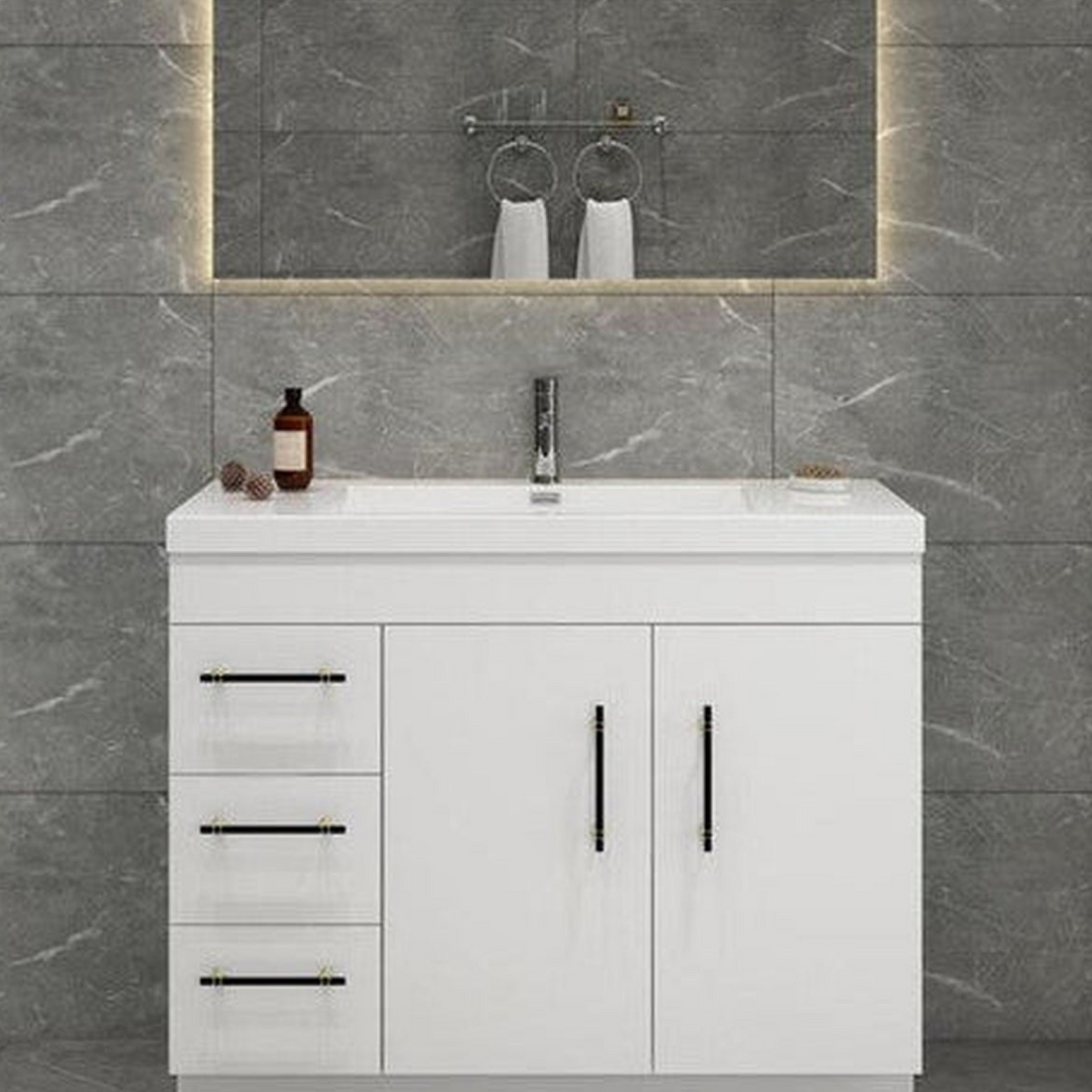 Elara 42&quot; High Gloss White Freestanding Vanity With Left Side Drawers and Single Reinforced White Acrylic Sink