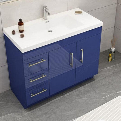 Elara 42&quot; High Gloss Night Blue Freestanding Vanity With Left Side Drawers and Single Reinforced White Acrylic Sink