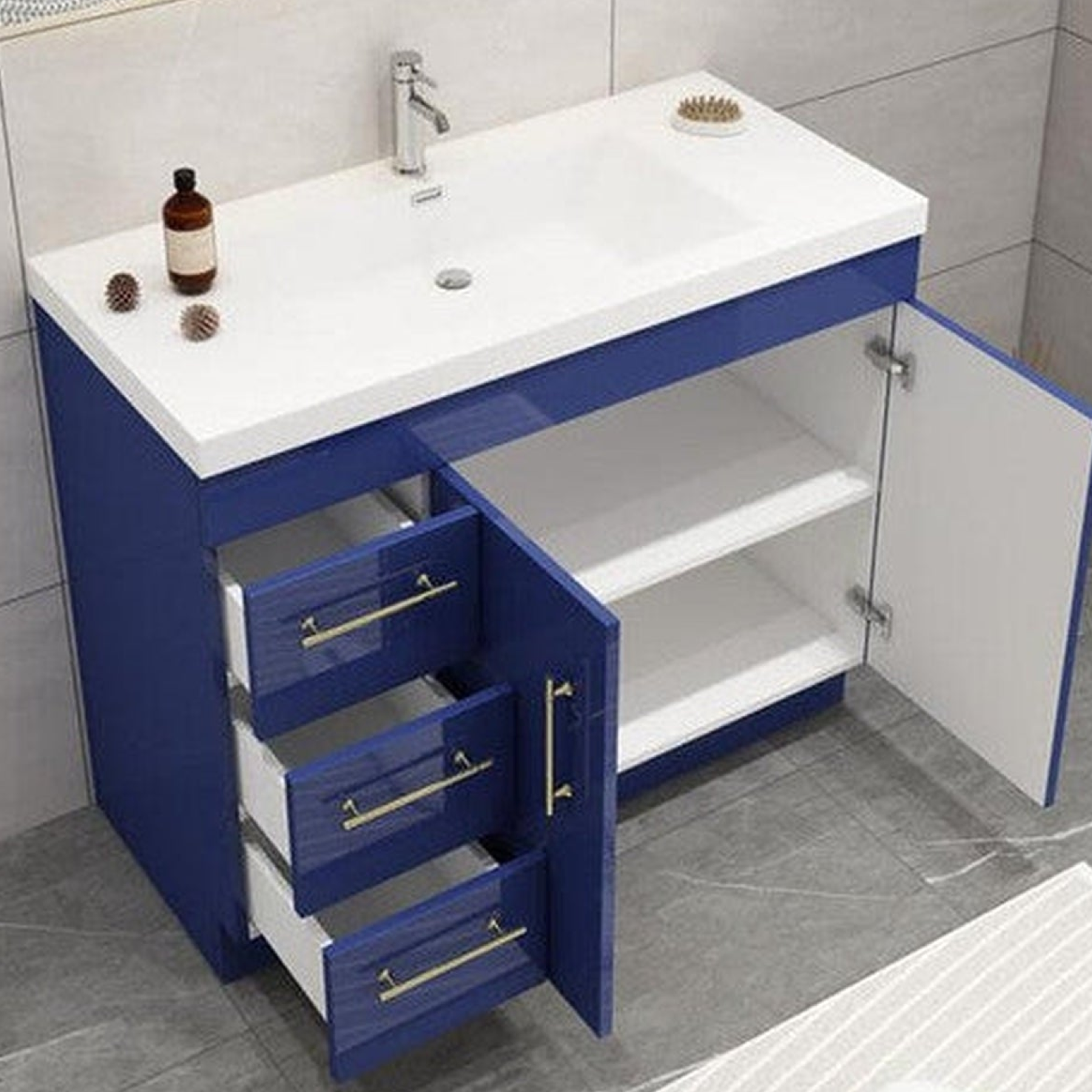 Elara 42&quot; High Gloss Night Blue Freestanding Vanity With Left Side Drawers and Single Reinforced White Acrylic Sink