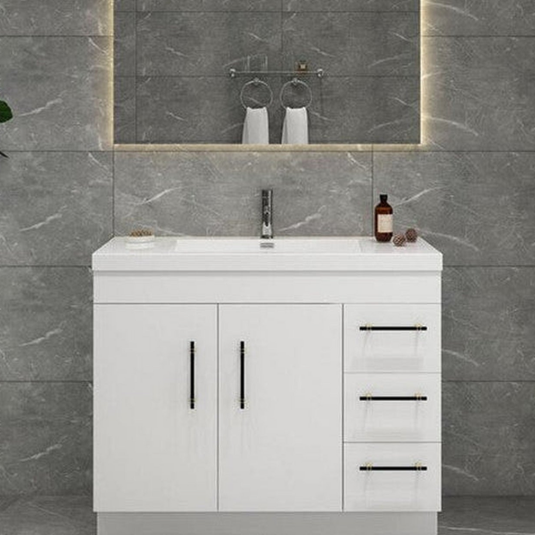 Elara 42&quot; High Gloss White Freestanding Vanity With Right Side Drawers and Single Reinforced White Acrylic Sink