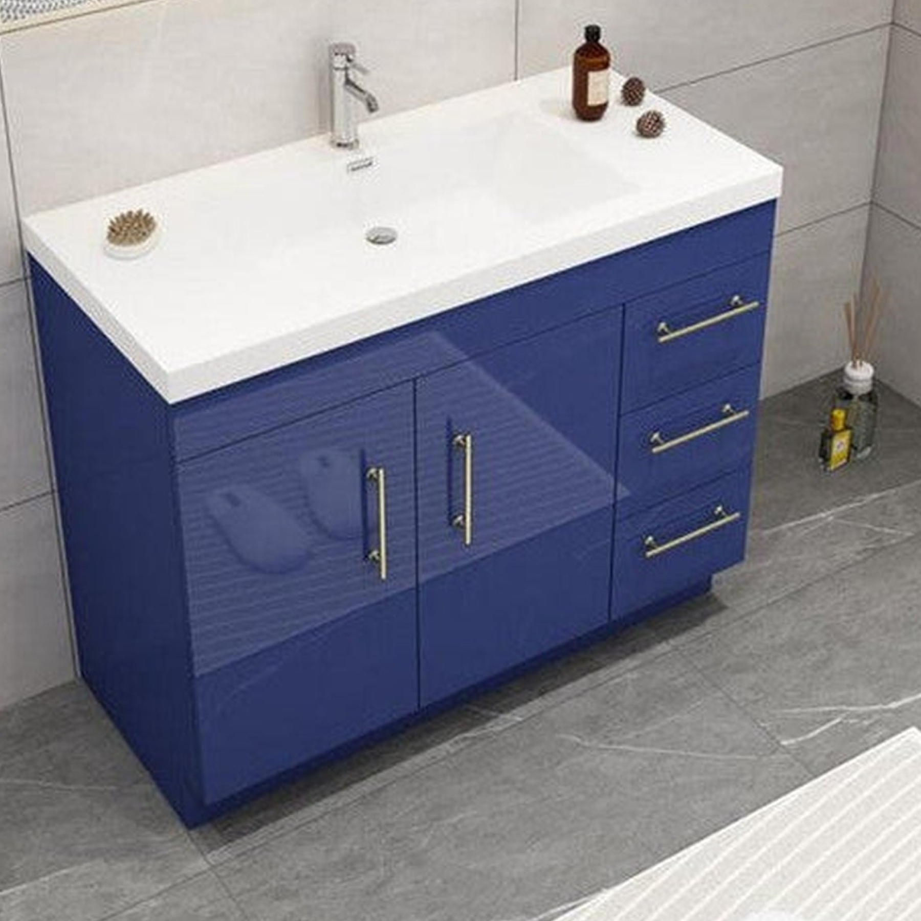 Elara 42&quot; High Gloss Night Blue Freestanding Vanity With Right Side Drawers and Single Reinforced White Acrylic Sink
