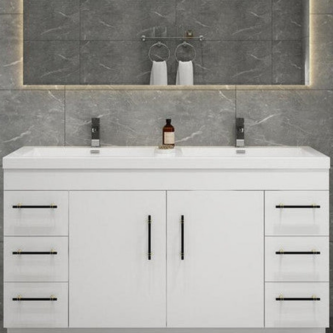 Elara 60&quot; High Gloss White Freestanding Vanity With Double Reinforced White Acrylic Sinks