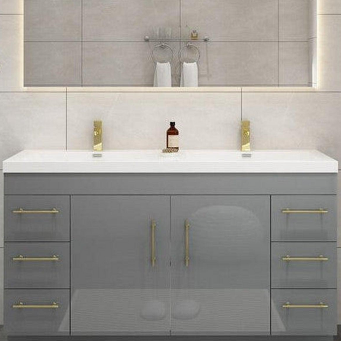 Elara 60&quot; High Gloss Gray Freestanding Vanity With Double Reinforced White Acrylic Sinks