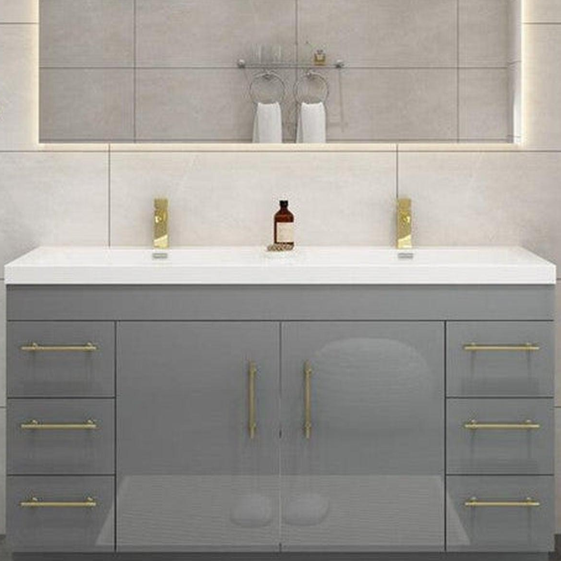 Elara 60&quot; High Gloss Gray Freestanding Vanity With Double Reinforced White Acrylic Sinks