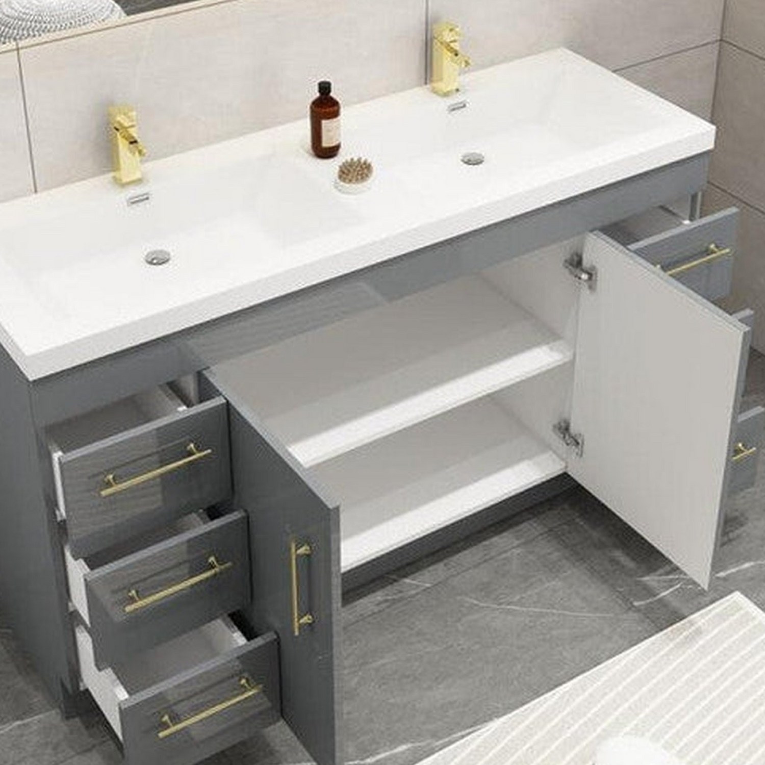 Elara 60&quot; High Gloss Gray Freestanding Vanity With Double Reinforced White Acrylic Sinks