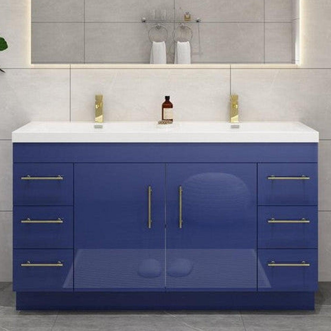 Elara 60&quot; High Gloss Night Blue Freestanding Vanity With Double Reinforced White Acrylic Sinks