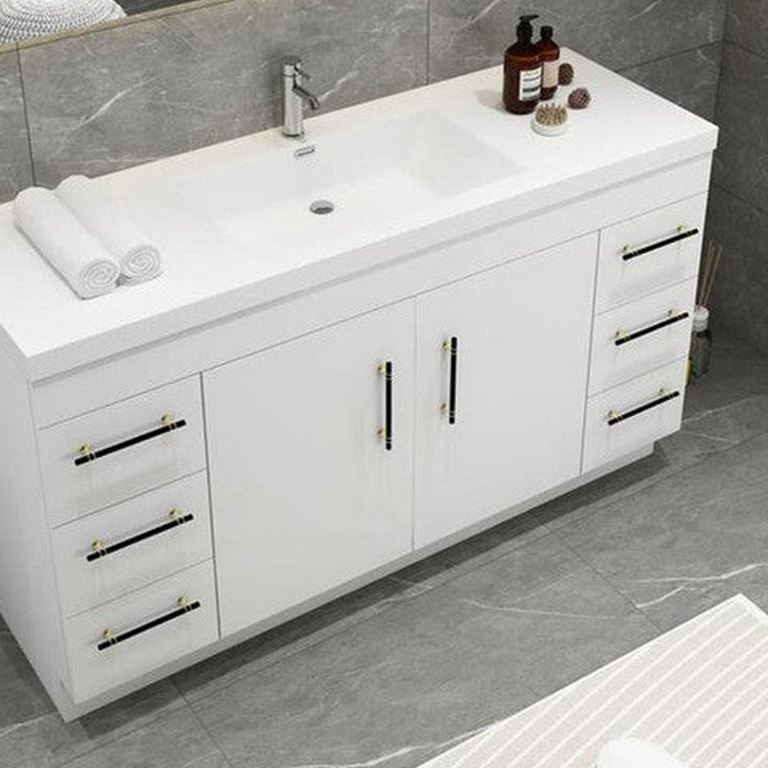 Elara 60&quot; High Gloss White Freestanding Vanity With Single Reinforced White Acrylic Sink