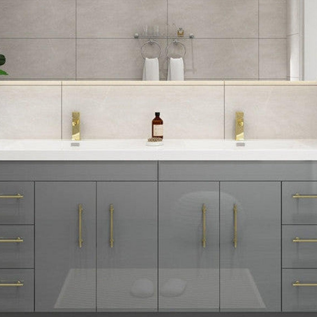 Elara 72&quot; High Gloss Gray Freestanding Vanity With Double Reinforced White Acrylic Sinks