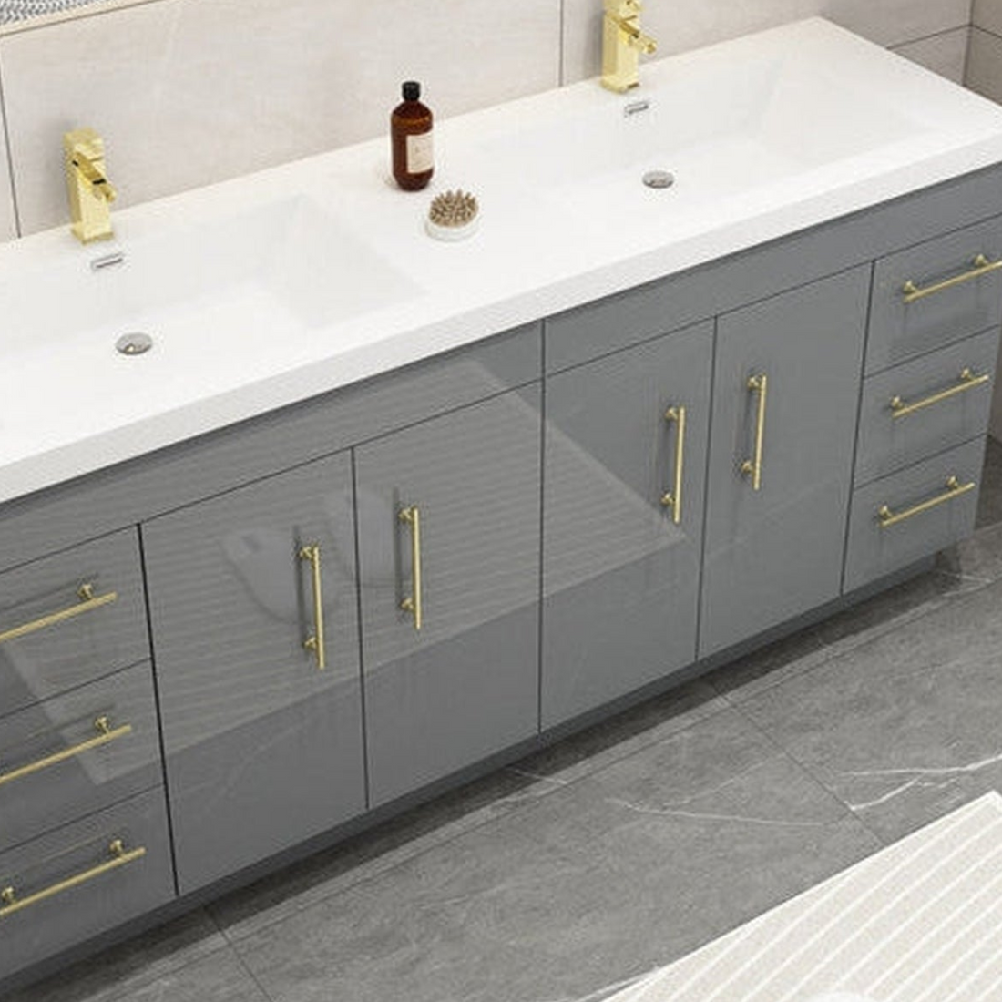 Elara 72&quot; High Gloss Gray Freestanding Vanity With Double Reinforced White Acrylic Sinks