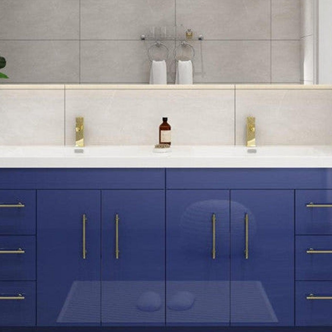 Elara 72&quot; High Gloss Night Blue Freestanding Vanity With Double Reinforced White Acrylic Sinks