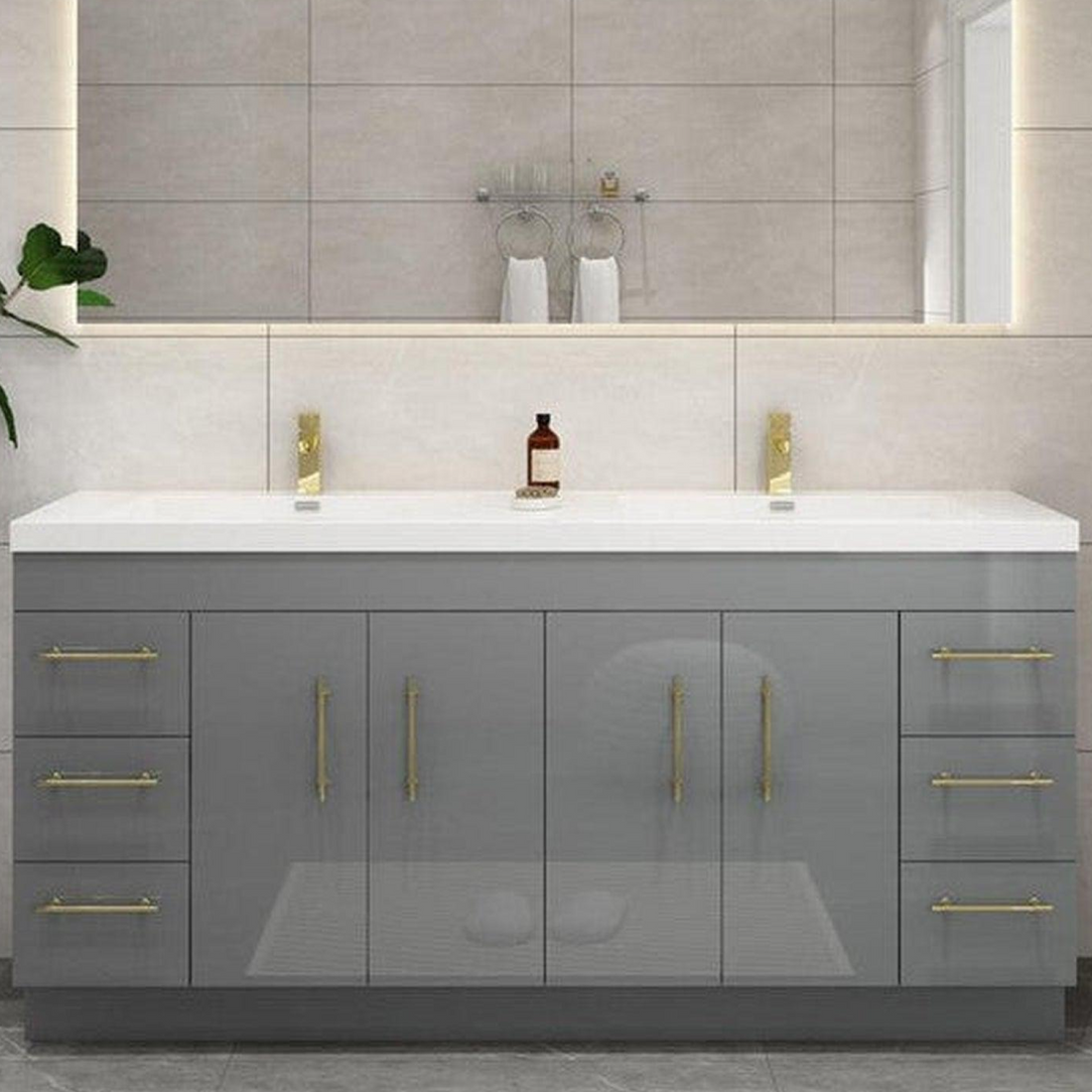 Elara 84&quot; High Gloss Gray Freestanding Vanity With Double Reinforced White Acrylic Sinks
