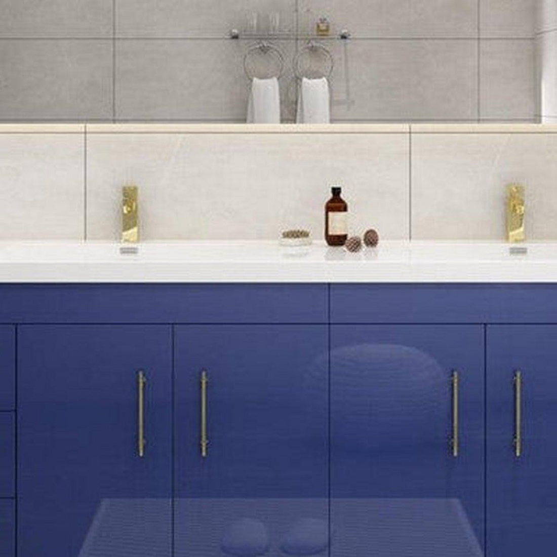 Elara 84&quot; High Gloss Night Blue Freestanding Vanity With Double Reinforced White Acrylic Sinks